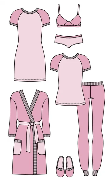 Conjunto de ropa interior de mujer, ropa de dormir y ropa interior. Albornoz rosa, camisón, pijama, zapatillas, sujetador y panty sobre fondo blanco . — Vector de stock