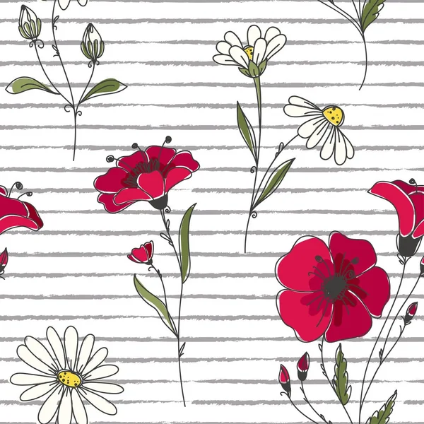 Vector sömlös blommönster. Färgglada blommönster med röd vallmo och chamomiles på randig bakgrund. — Stock vektor