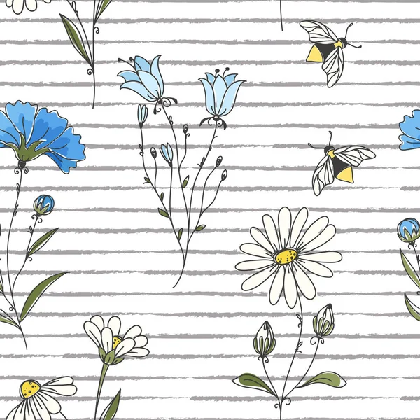 Vektorflorales nahtloses Muster. bunte Blumenmuster mit wilden Blumen auf gestreiftem Hintergrund. — Stockvektor