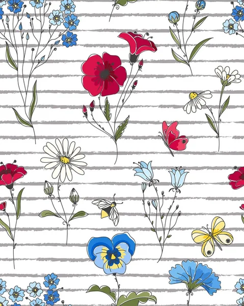 Векторный цветочный бесшовный рисунок. Цветочный узор с полевыми цветами на полосатом фоне . — стоковый вектор