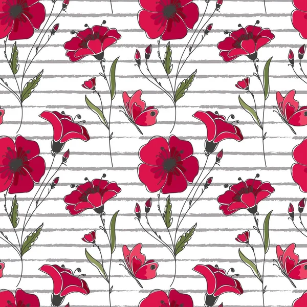 Vektorflorales nahtloses Muster. buntes Blumenmuster mit roten Mohnblumen auf gestreiftem Hintergrund. — Stockvektor