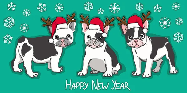 Mutlu yeni yıl kartı. Soyut kartı ile santa şapka ve metin üzerinde yeşil arka plan isteyen sevimli Fransız buldozer.