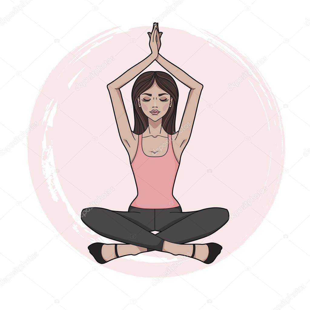 Fashion girl practicing Yoga. Lotus meditative pose. Young beautiful woman sitting in yoga position. Template for design cards, yoga studio, poster and natural cosmetics. Vector illustration.