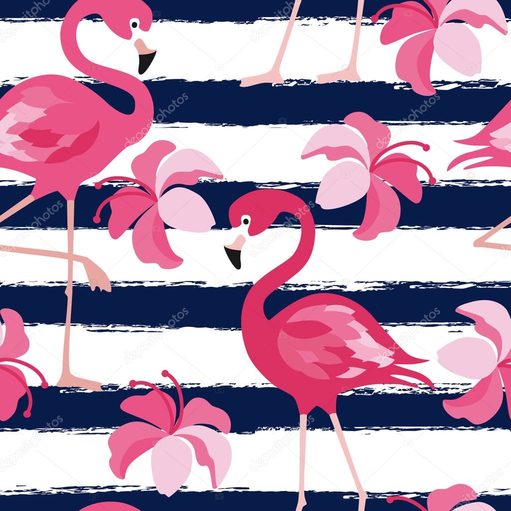 Flamingo seamless pattern on white background. Pink flamingo vector background design for fabric and decor. Vector trendy illustration.