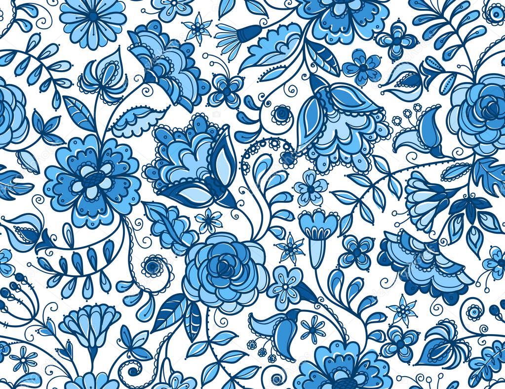 Fabulous flowers on ivory background. Seamless vector pattern with abstract wildflowers and berries. Texture for fabric, wrapping paper, wallpaper, etc.