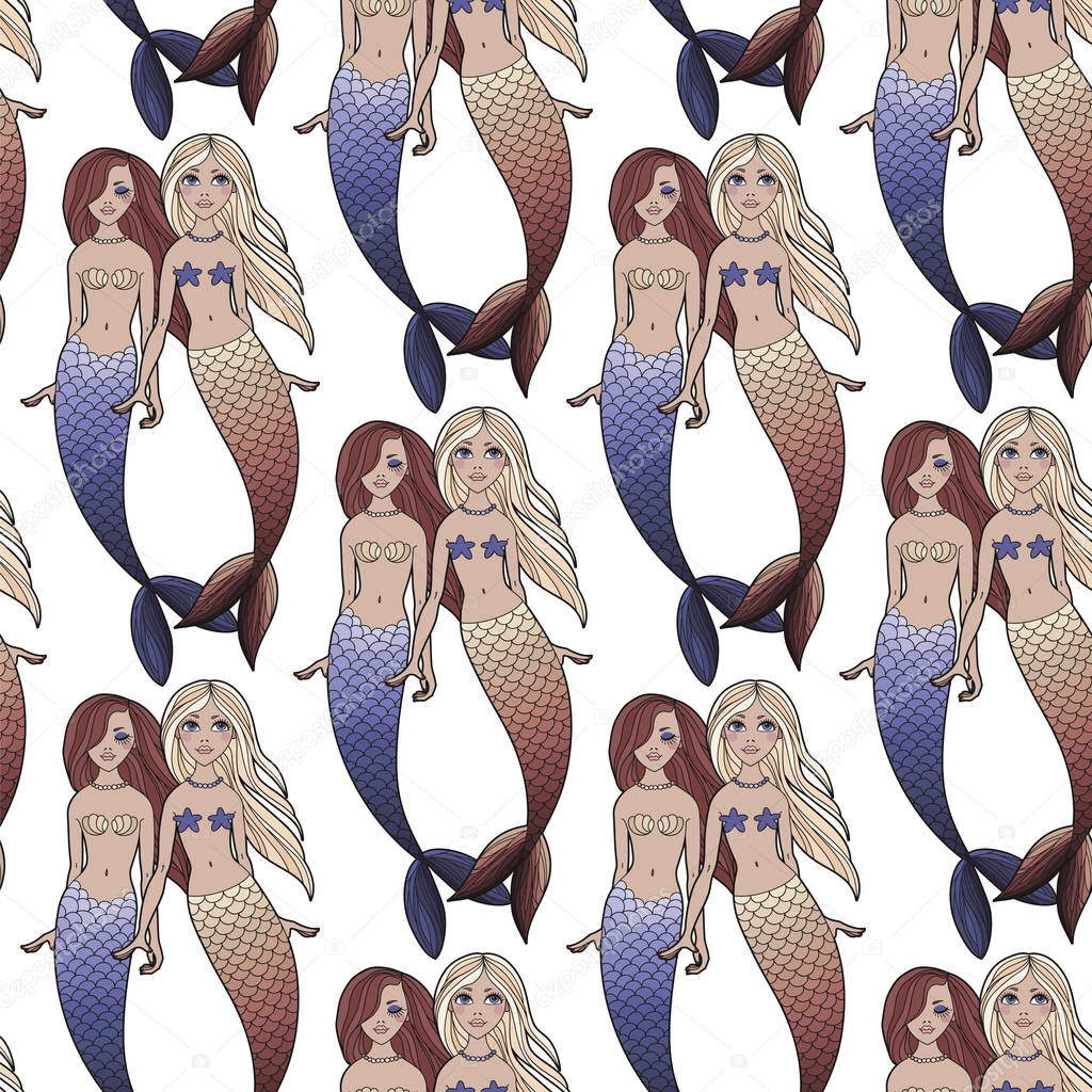 Cute mermaids girls seamless pattern on white background. Vector sea background. Cartoon underwater vector illustration. Design for fabric, textile, decor.