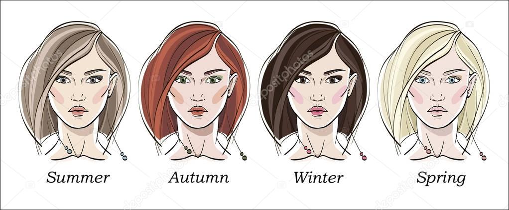 Seasonal color types for women skin beauty set: Summer, Autumn, Winter, Spring. Young female faces, make up shades matching each type. 
