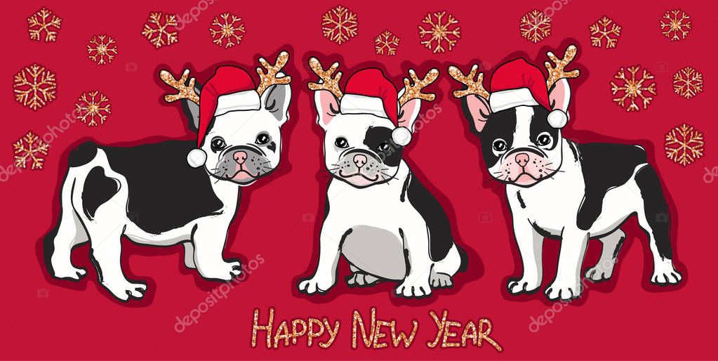 Happy New Year card. Abstract card with cute french bulldog in santa hat, gold glittering  snowflakes and wishing text on red background. 