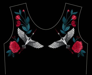 Asya vinç kuş ve çiçek yaka için nakış dikiş. Moda Tekstil, kumaş geleneksel halk dekorasyon için süsleme işlemeli. Vektör çizim.