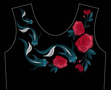 Nakış dikiş etnik koi balık ve çiçeklerle yaka için. Moda Tekstil, kumaş geleneksel halk dekorasyon için süsleme işlemeli. Vektör çizim.