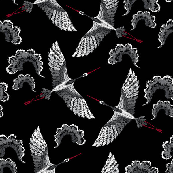 Embroidery seamless pattern with beautiful asian crane. Vector embroidery for fashion textile and fabric.