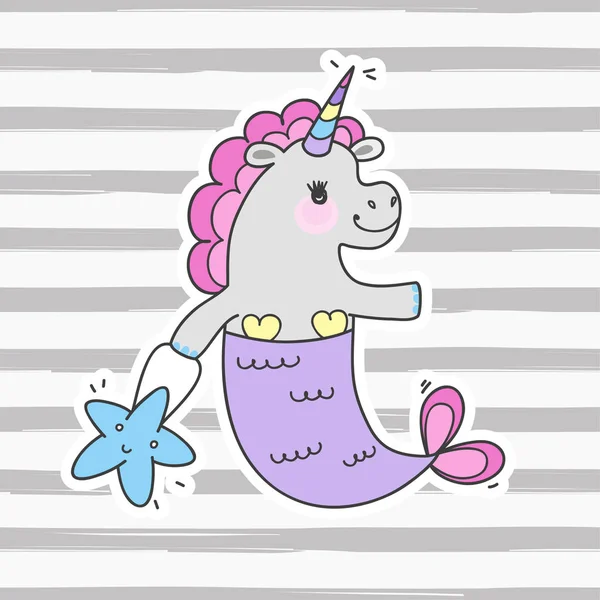 Lindo unicornio de hadas con cola de sirena y melena de arco iris. Sirena mágica divertida . — Archivo Imágenes Vectoriales