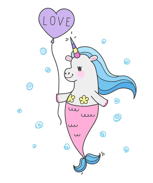 Lindo unicornio de hadas con cola de sirena y melena de arco iris. Sirena mágica divertida . — Vector de stock