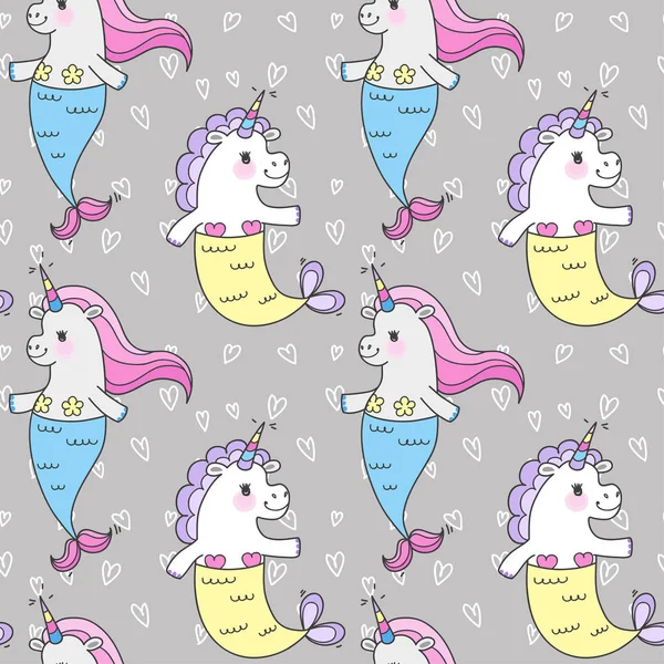 Sihirli sevimli Deniz kızları ile Seamless modeli. Komik küçük tek boynuzlu at mermaid kuyruk ve gökkuşağı yele ile. Deniz Tema. 