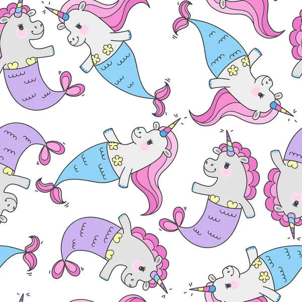 Sihirli sevimli Deniz kızları ile Seamless modeli. Komik küçük tek boynuzlu at mermaid kuyruk ve gökkuşağı yele ile. Deniz Tema. 