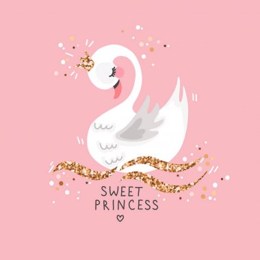 Pembe bir arka plan üzerinde tatlı Prenses kuğu. Vektör çizim karikatür el çekilmiş. 