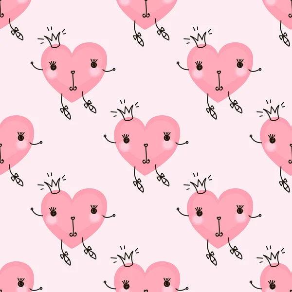 Cute seamless pattern with cartoon hand drawn funny hearts. — Stock Vector