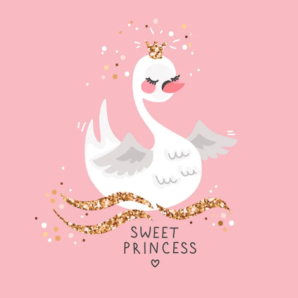 Dulce cisne princesa sobre fondo rosa. Dibujos animados ilustración vector dibujado a mano . — Archivo Imágenes Vectoriales