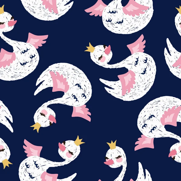 かわいい小さなプリンセス白鳥とのシームレスなパターン。漫画手描きベクトル図. — ストックベクタ
