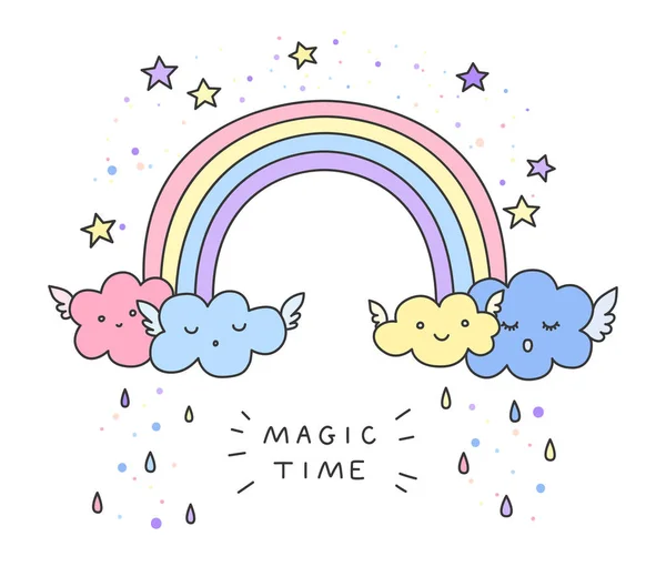 Roztomilý rainbow, legrační mraky, hvězdy a módní slogan. — Stockový vektor