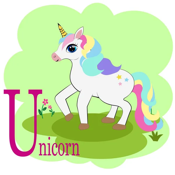 U de alfabeto abc animal de unicornio — Vector de stock