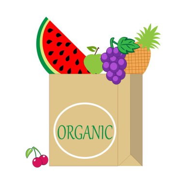 Kağıt pakette sağlıklı yemek teslimatı. Vegan meyve ve sebze