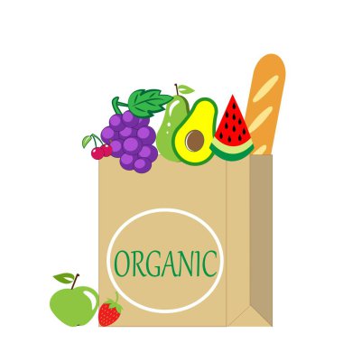 Kağıt pakette sağlıklı yemek teslimatı. Vegan meyve ve sebze