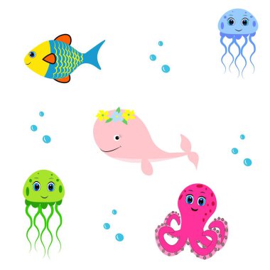 Sevimli renkli deniz hayvanları. Deniz hayatı. Okyanus yaban hayatı. Ahtapot, balina, denizatı, denizanası, kurbağa, kaplumbağa, kir, palyaço balığı, deniz yıldızı.