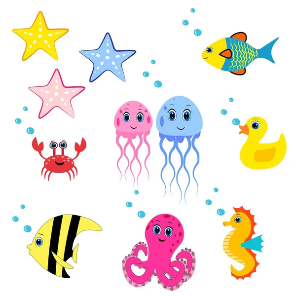 Симпатичные Морские Животные Set Cartoon Иллюстрации Морская Жизнь — стоковое фото