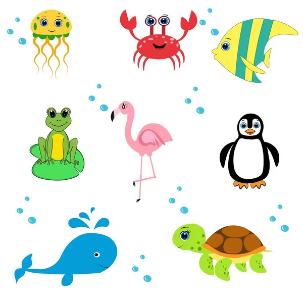 Roztomilá Mořská Zvířata Set Cartoon Ilustrace Mořský Život — Stock fotografie