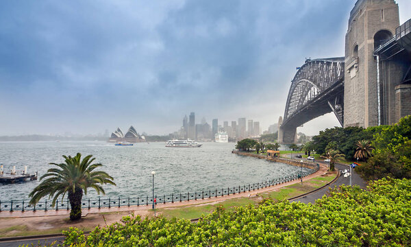 Sydney at rain with Harbor Bridge New South Wales Australia