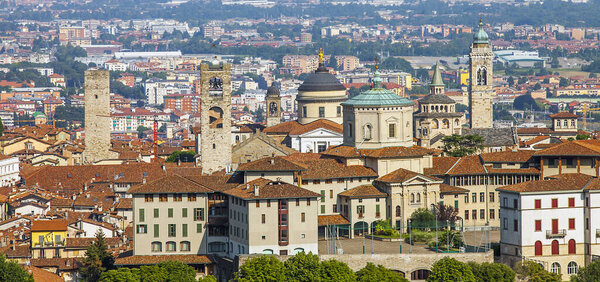 View of the city of Bergamo in Lombardy Italy from the old town of La Citta Alta
