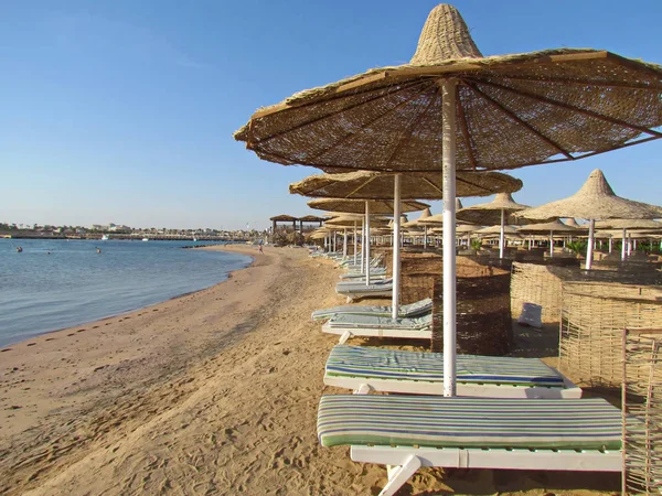 Playa Con Arena Suave Amarilla Hotel Estrellas Egipto Con Sombrillas —  Fotos de Stock