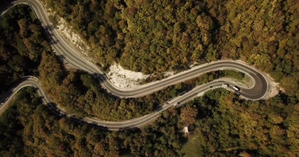 Luftaufnahme eines Autos, das die kurvenreiche Straße entlangfährt — Stockvideo