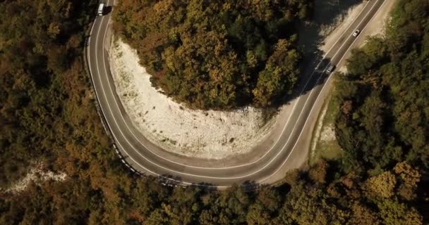 Luftaufnahme eines Autos, das die kurvenreiche Straße entlangfährt — Stockvideo