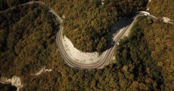 Luftaufnahme eines Autos, das die kurvenreiche Straße entlangfährt — Stockvideo