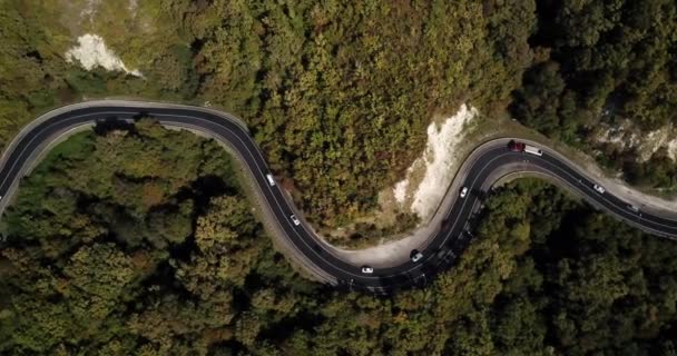 Vista aérea do carro dirigindo ao longo da estrada sinuosa — Vídeo de Stock