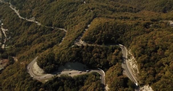 Luftaufnahme eines Autos, das die kurvenreiche Straße entlangfährt — Stockvideo