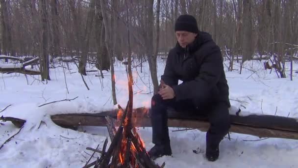 Hiver Forêt Neige Arbres Tombés Feu Jour Branches Sèches Flammes — Video