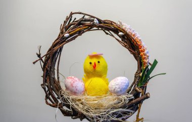 Artificial chicken sitting in the nest, next to the eggs