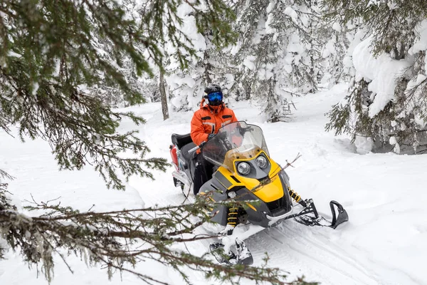 Atleta em uma moto de neve — Fotografia de Stock