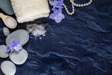 Taşlar ve menekşe ile resim.