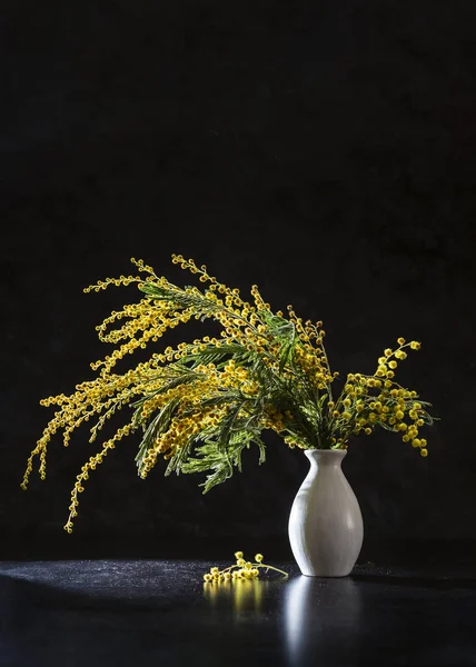 Bouquet Mimosa Dans Vase Sur Fond Sombre — Photo