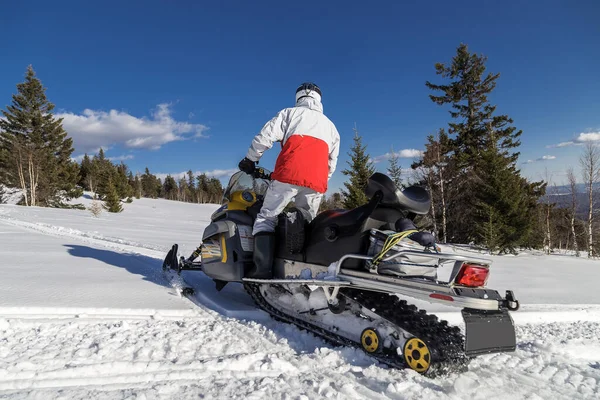 Αθλητής Ένα Snowmobile Κινείται Στο Δάσος Του Χειμώνα Στα Βουνά — Φωτογραφία Αρχείου