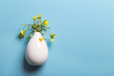 Mavi arka planda beyaz bir vazoda sarı çiçekler..