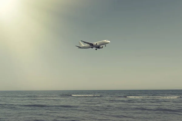 The plane landing over the sea at sunset — Stock Photo, Image