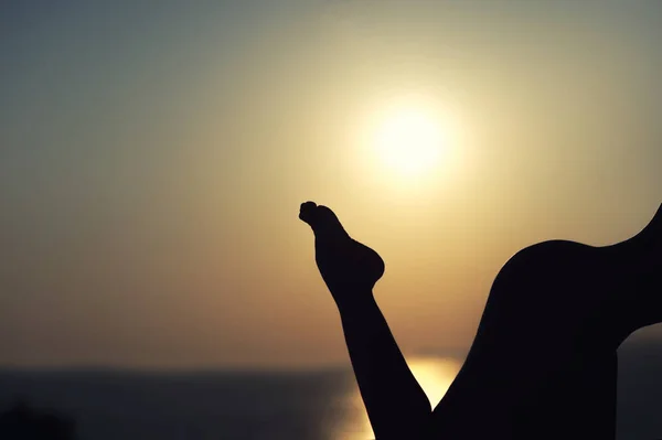 Sziluettjét meztelen lány koktéllal a kezében a naplemente háttér — Stock Fotó