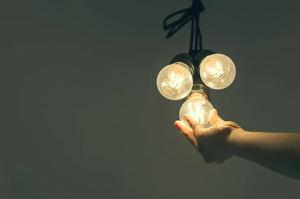 stock image A lot of glowing electric light bulbs in the woman arms. Light bulbs on the wall background