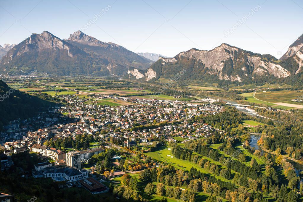Panorama of the city of Bad Ragaz against the background of the Swiss Alps at sunset. Bad Ragaz Switzerland