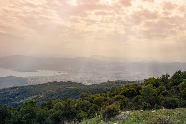Панорама Греческого Города Волос Закате Волос Греция Вид Горы Волос — стоковое фото